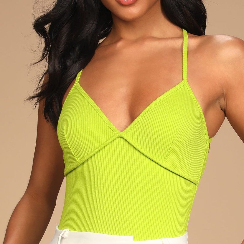 Lulus Bright Lime Green Ribbed Backless Bodysuit - Size S